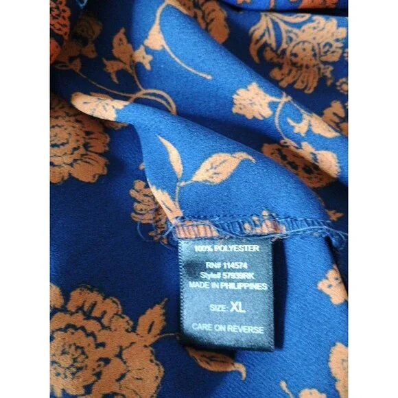 Pleione Blouse Womens Size XL Dark Blue Orange Floral Long Sleeve Anthro - Picture 9 of 10